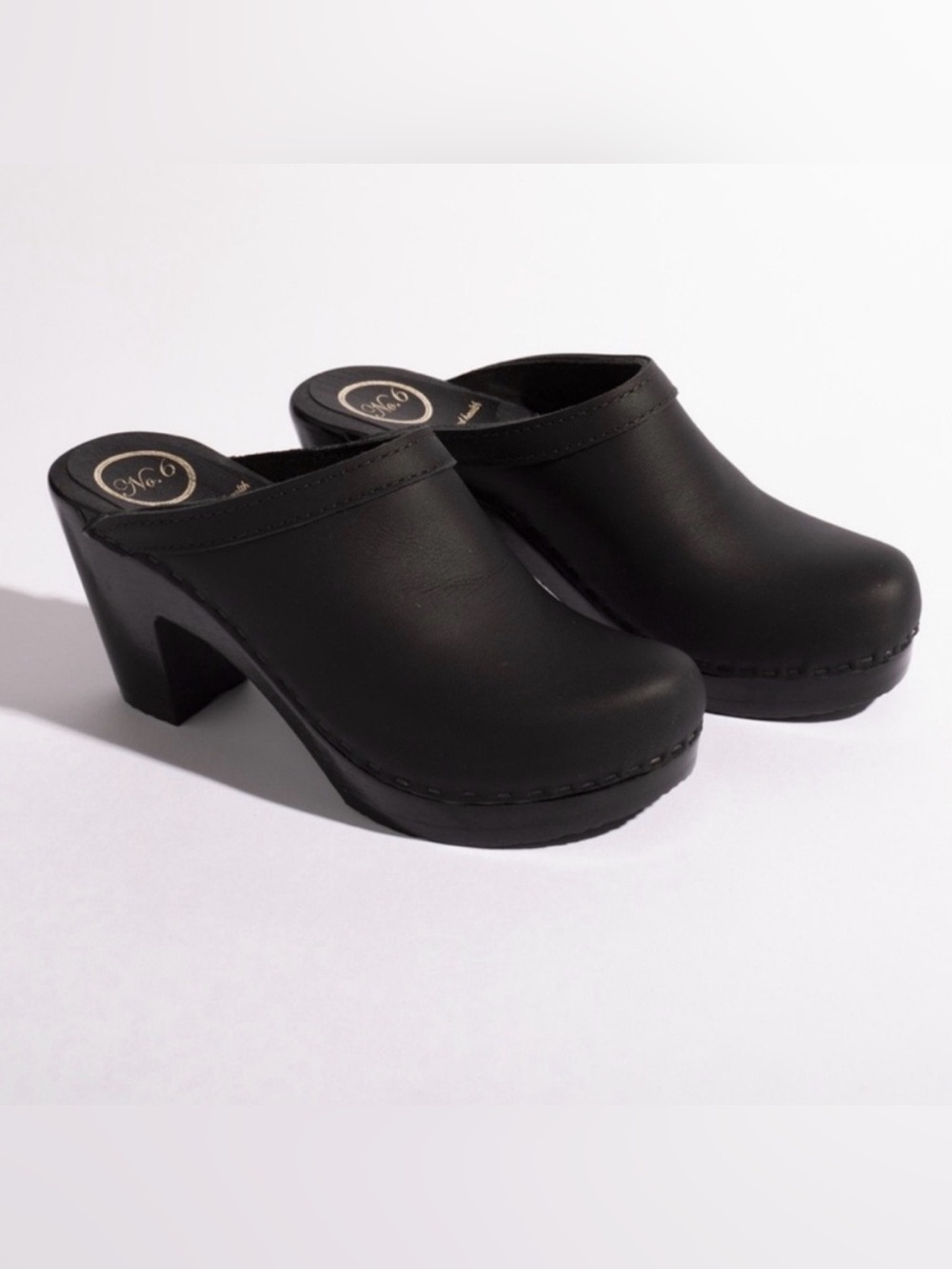 No. 6 Old School Clog in Black Leather with Black Base High Heel